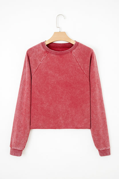 Racing Red Mineral Wash Raglan Sleeve Raw Hem Crop Sweatshirt
