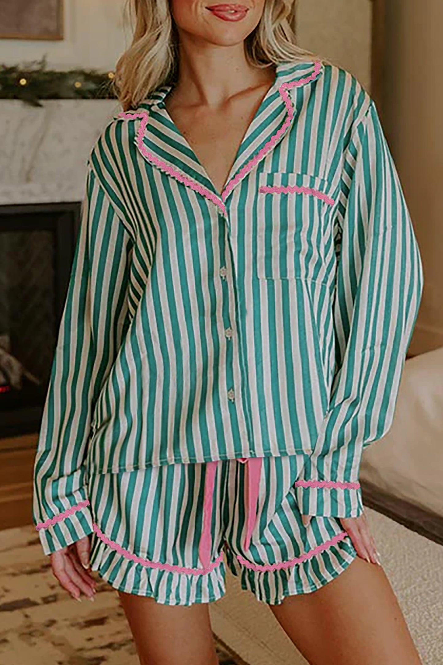 Ricrac Trim Long Sleeve Shirt Drawstring Ruffled Pajama Short Set