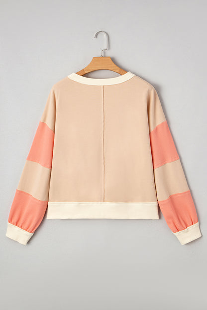 Light French Beige Color Block Textured Patchwork Pullover Sweatshirt