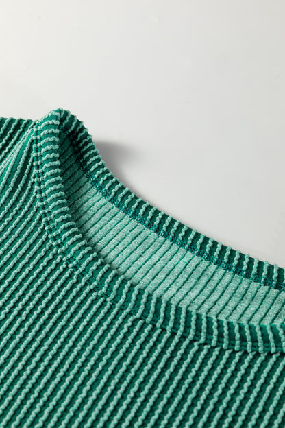 Evergreen Twisted Ribbed Tiered Ruffles Long Sleeve Pullover Top