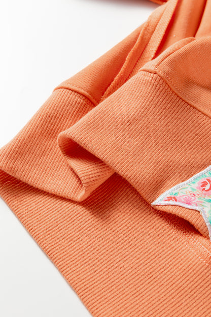 Grapefruit Orange Floral Bow Patched Exposed Seam Patchwork Slit Baggy Sweatshirt