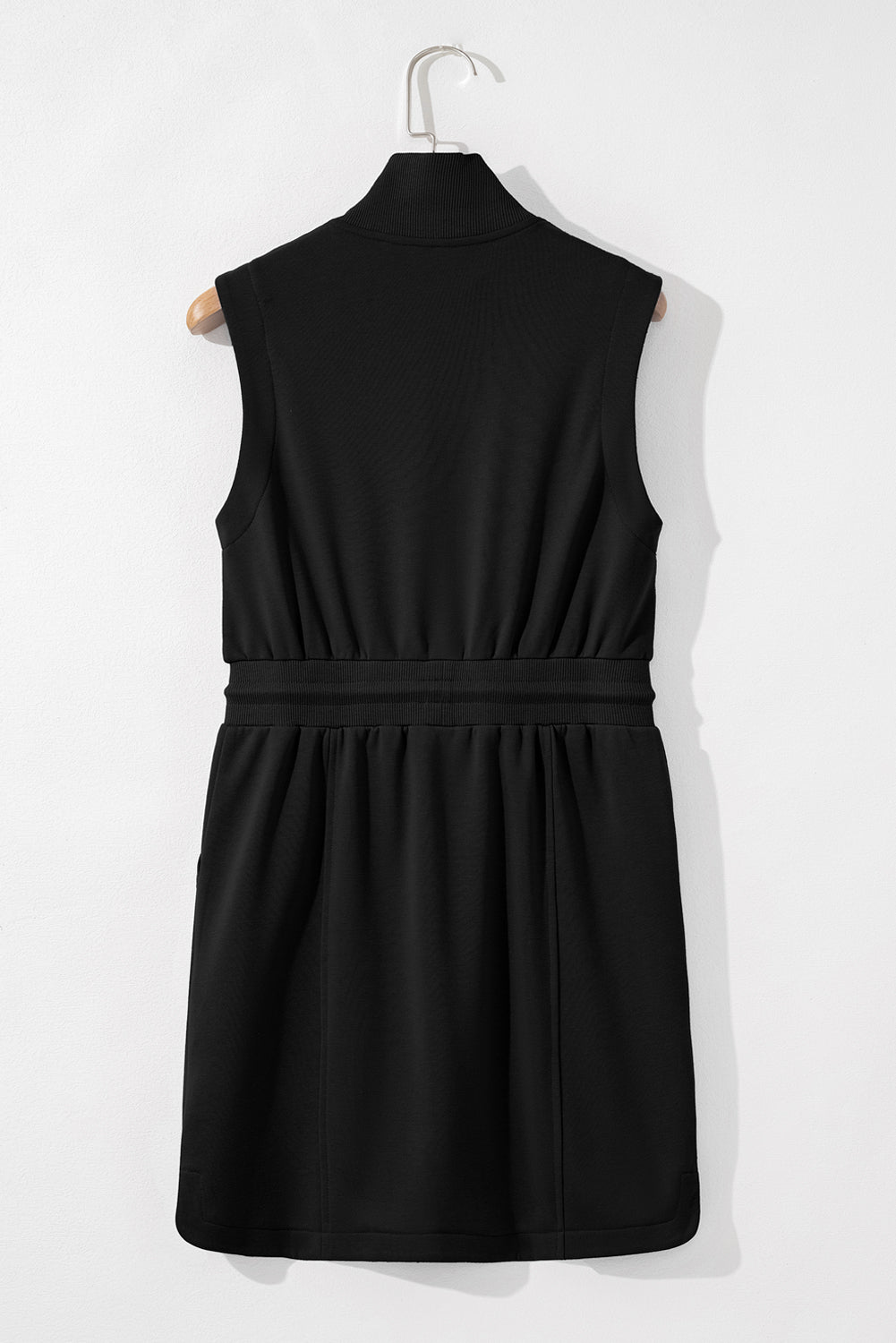 Black French Terry Zipped Collar Sleeveless Drawstring Waist Mini Dress