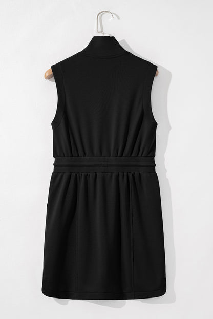 Black French Terry Zipped Collar Sleeveless Drawstring Waist Mini Dress