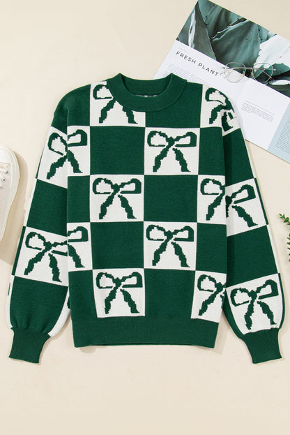 Blackish Green Checkered Bow Print Casual Sweater
