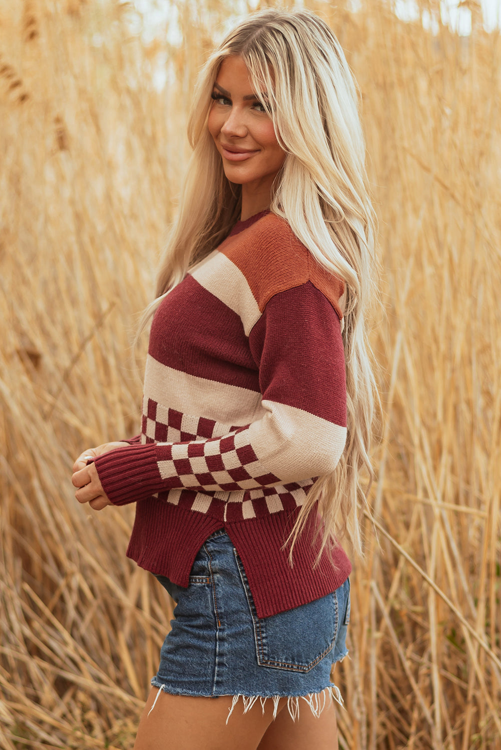 Brown Checkered Color Block Knitted Drop Shoulder Sweater