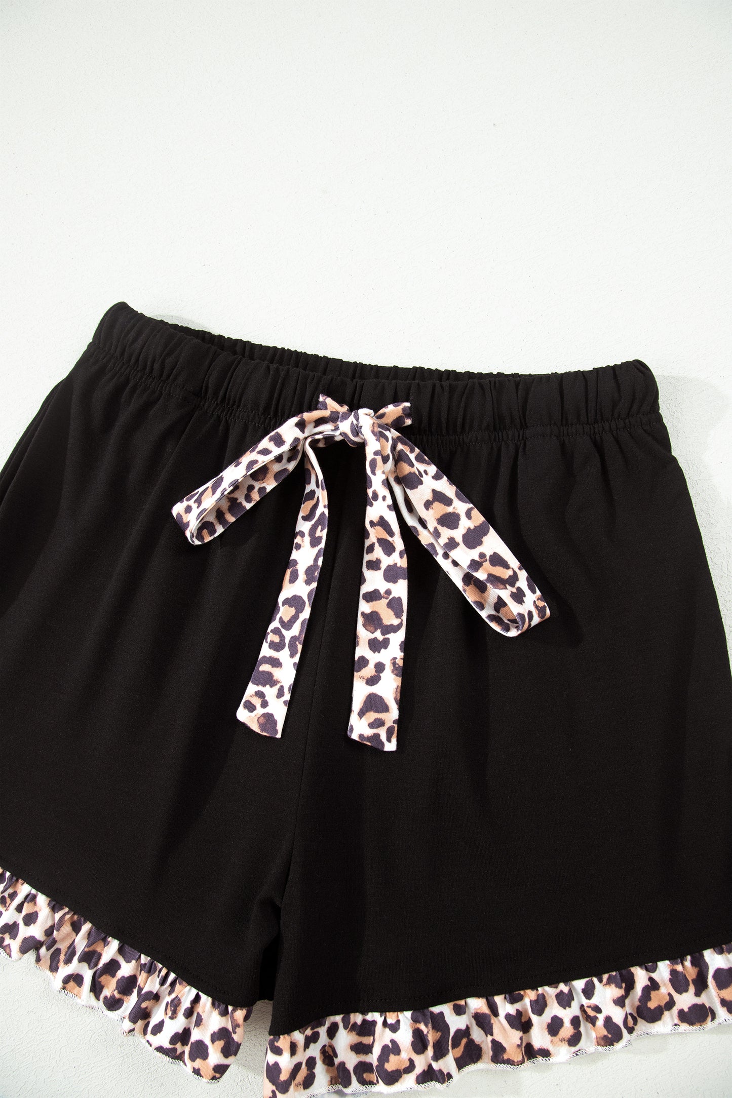 Black Leopard Patchwork Trim Lapel Shirt Drawstring Shorts 2pcs Pajama Set