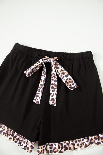 Black Leopard Patchwork Trim Lapel Shirt Drawstring Shorts 2pcs Pajama Set