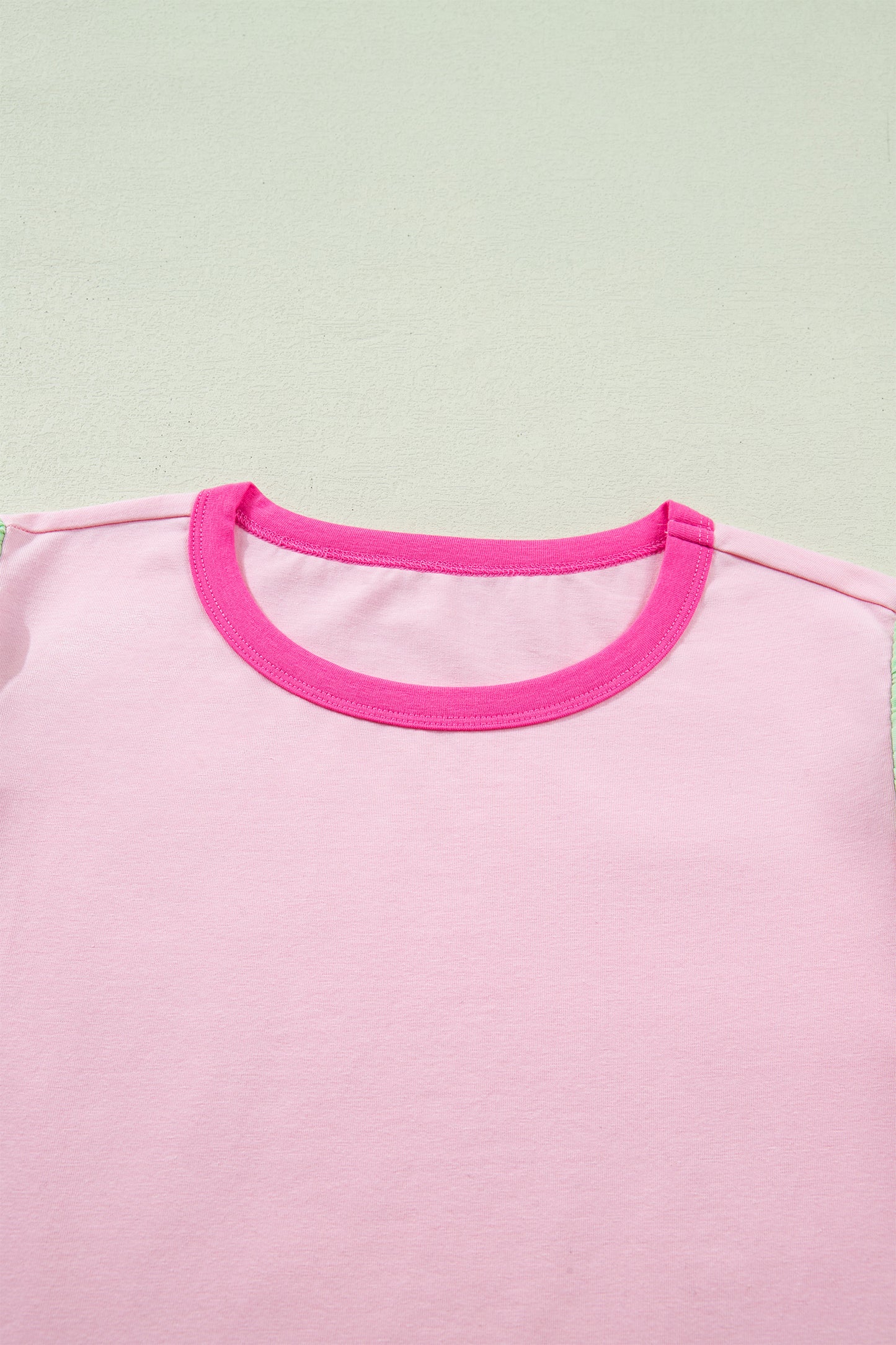 Pink Colorblock Flutter Sleeve Round Neck T Shirt