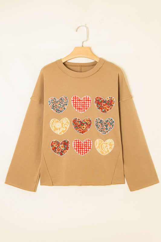 Straw Yellow Plaid Floral Heart Stitched Exposed Seam Mineral Wash Sweatshirt