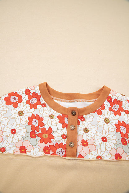 Parchment Floral Plaid Patchwork Casual Top