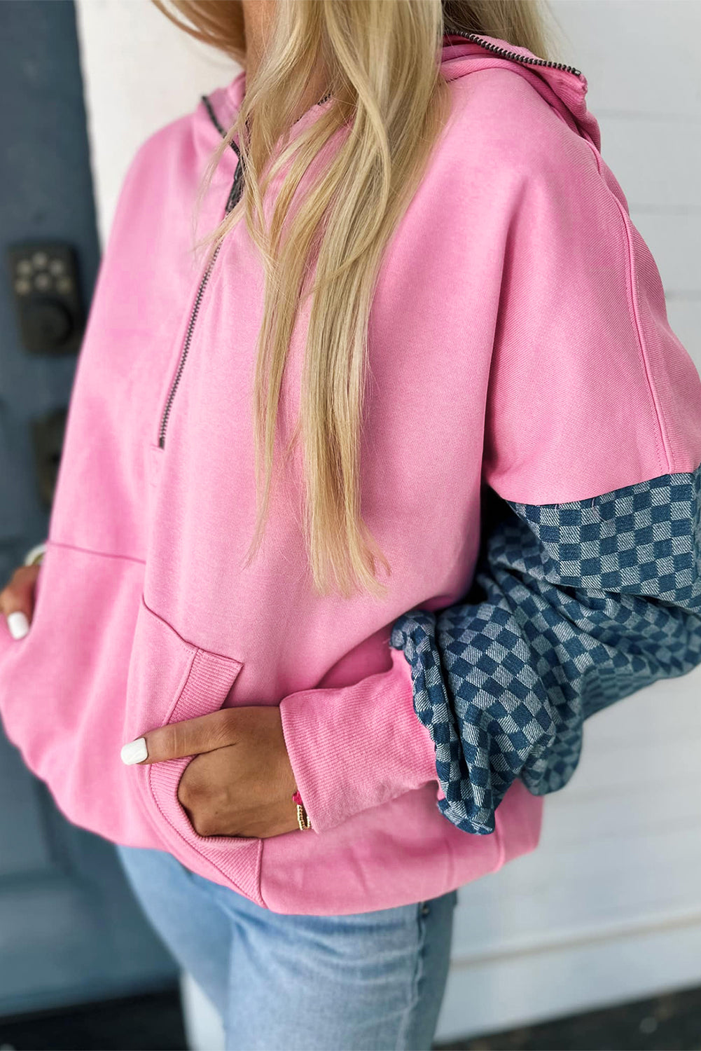 Bonbon Checkered Half Zipper Hoodie