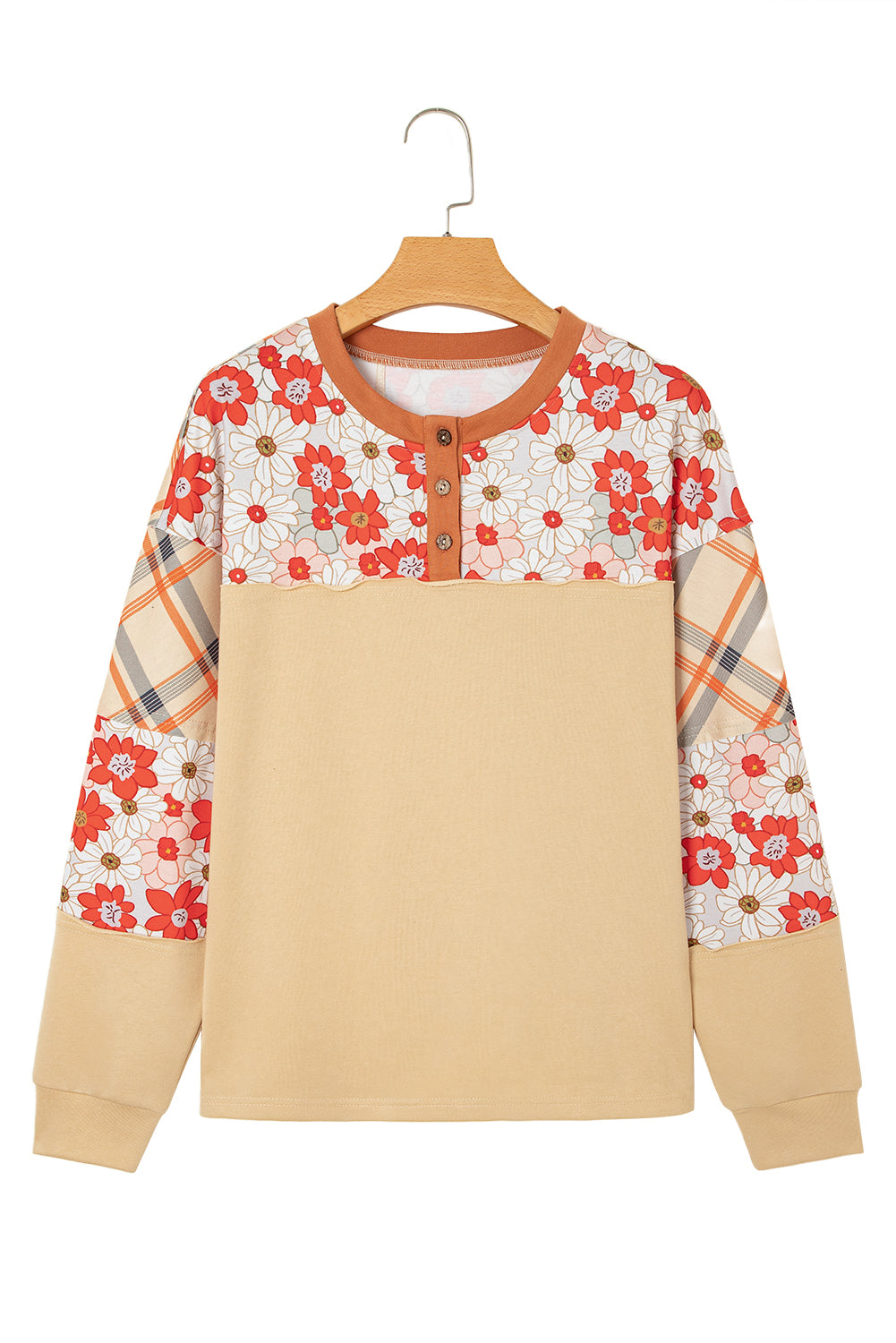 Parchment Floral Plaid Patchwork Casual Top