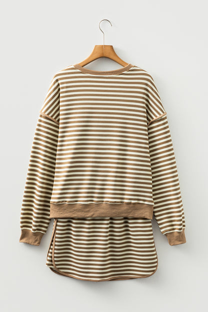 Brown Stripe Textured Drop Shoulder Pullover Top Drawstring Mini Skirt Two Piece Dress Set