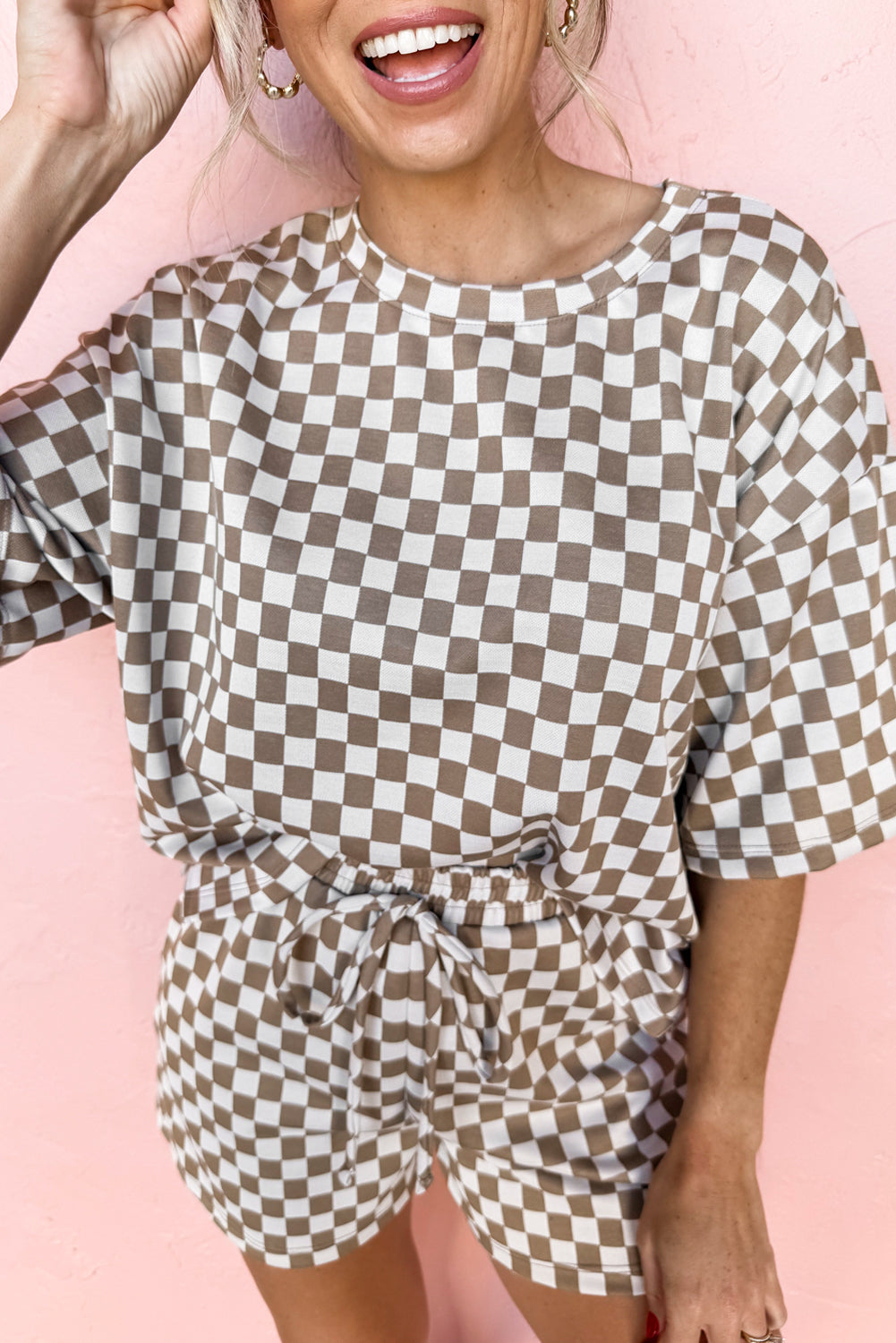 Brown Checkered Top and Short Casual two piece Set