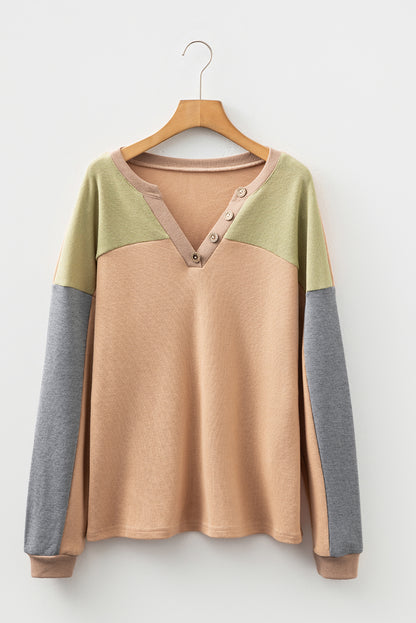 Buckskin Color Block Thermal Textured Knit Drop Shoulder Henley Top
