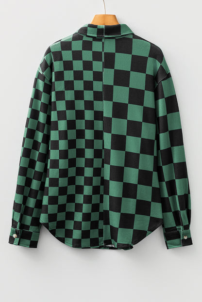 Green Checkerboard Flap Pocket Button Front Shacket