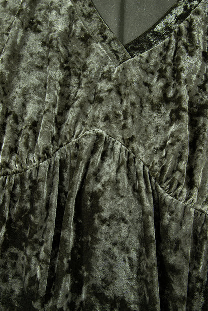 Jungle Green Plus Size Velvet Babydoll Mini Dress with Puff Sleeve