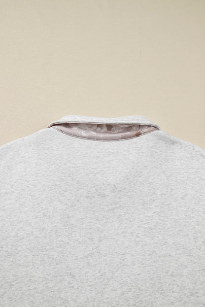 Gray Camo Leaves Patchwork Zipped Collar Pullover Plus Size Sweatshirt