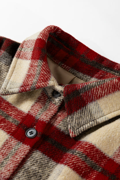 Red Brushed Plaid Buttoned Front Side Slit Tunic Shacket