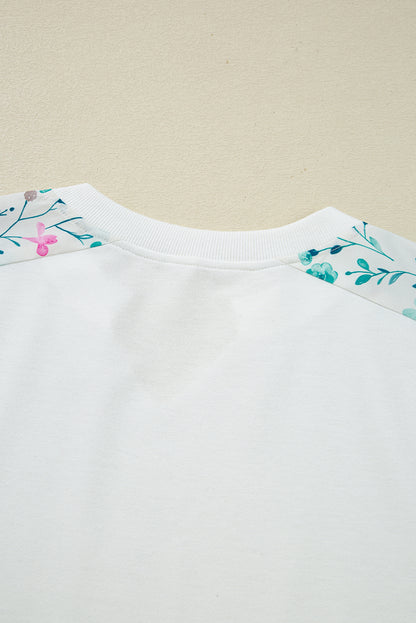 White Floral Colorblock Patchwork Chest Pocket Notched Neck Long Sleeve Top