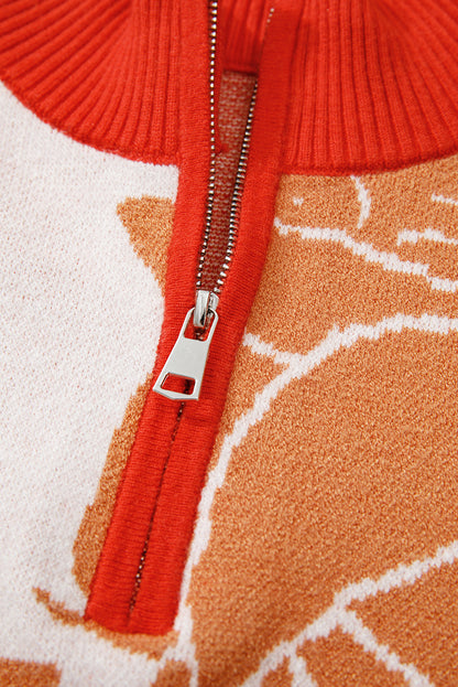 Khaki Floral Half Zip Collared Pullover Sweater