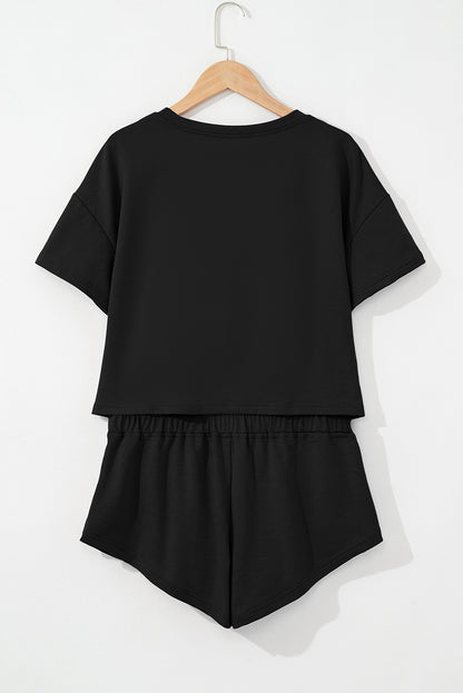 Black two piece Cropped Tee and Ruffle High Waist Skort Set
