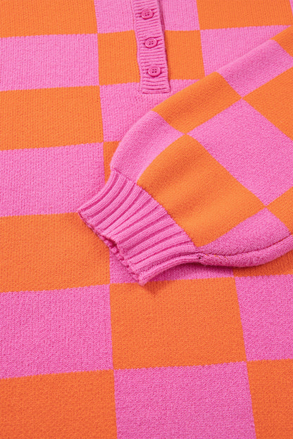 Sachet Pink Checkered Knit Polo Collar Baggy Sweater