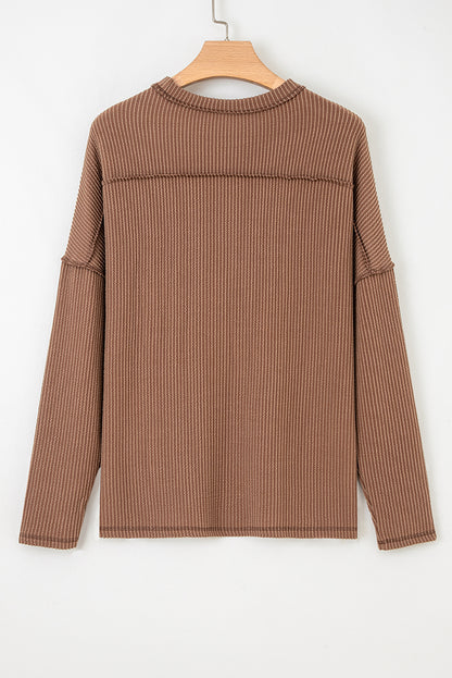 Dark Khaki Twist Ribbed Exposed Seam Detail Long Sleeve Loose Top