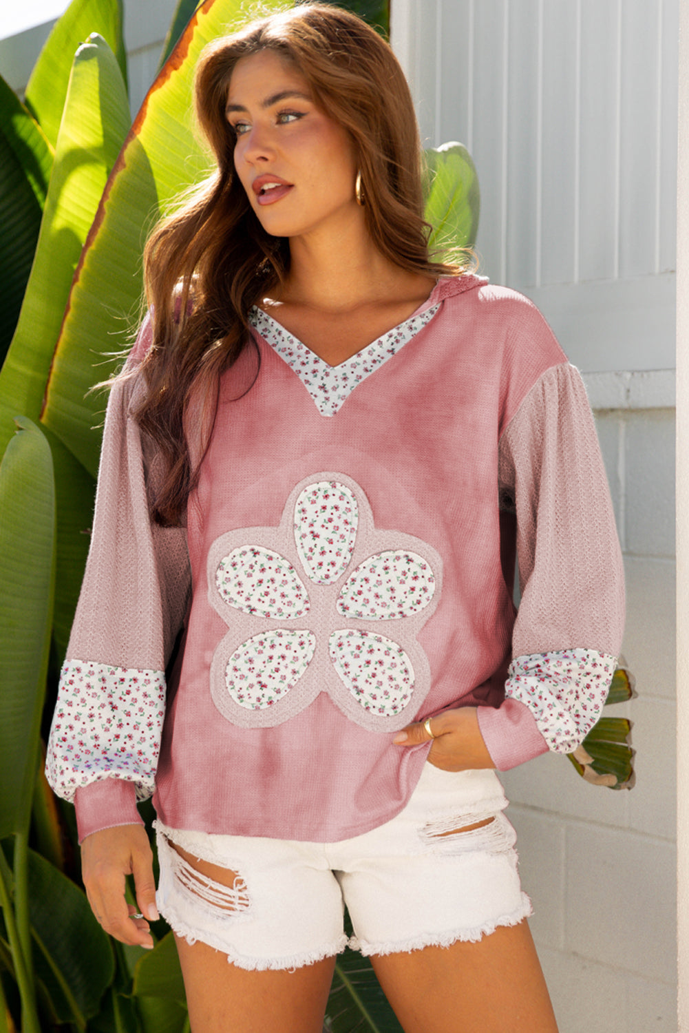 Pink Floral Patched Waffle Textured Colorblock V Neck Casual Hooded Top