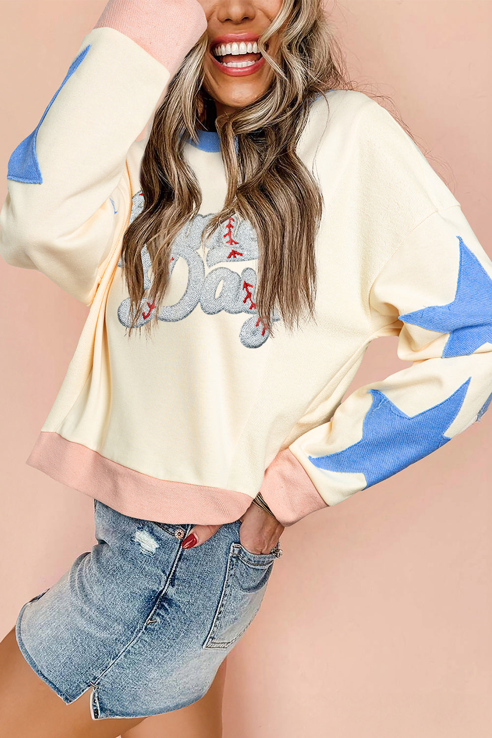 Game Day Sequin Letter Graphic Star Patched Colorblock Sweatshirt