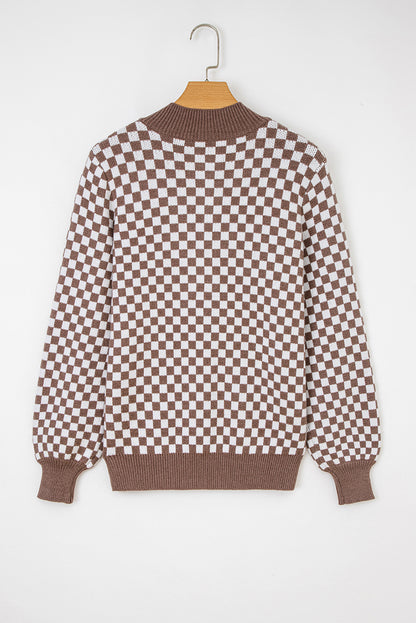 Dark Brown Half Button Ribbed Trim Checkerboard Knit Sweater