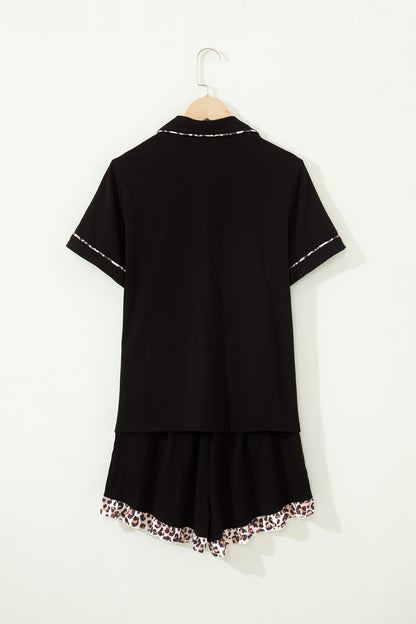 Black Leopard Patchwork Trim Lapel Shirt Drawstring Shorts 2pcs Pajama Set