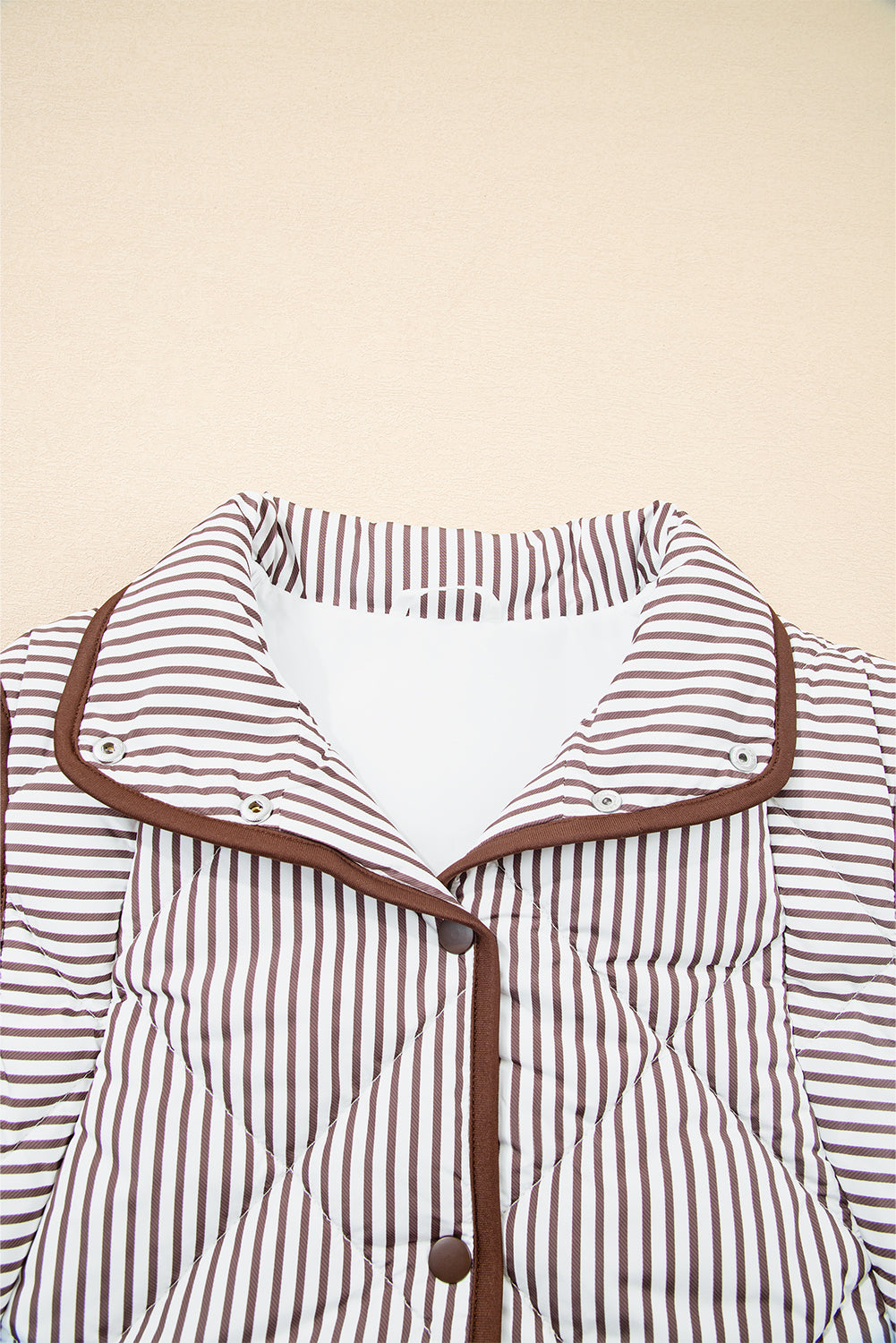 Brown Stripe Snap Button Scalloped Hem Collared Vest