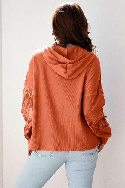Cinnamon Waffle Printed Patchwork Drawstring Hooded Long Sleeve Top