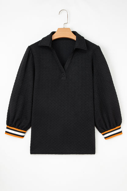 Black Stylish Textured Striped Patchwork Polo Collar Pullover Sweatshirt