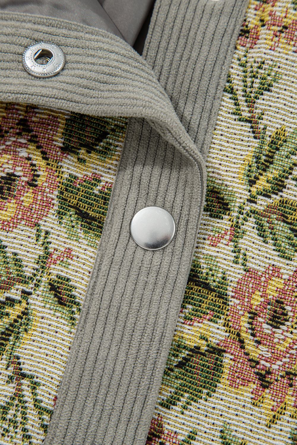 Medium Grey Ribbed Retro Floral Patchwork Shirt Style Jacket