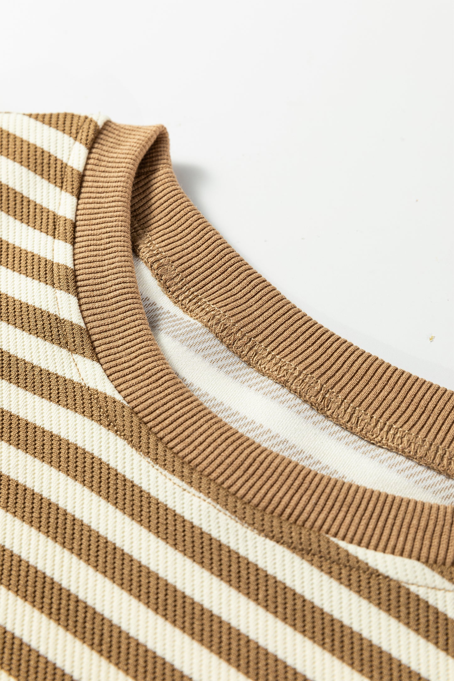 Brown Stripe Textured Drop Shoulder Pullover Top Drawstring Mini Skirt Two Piece Dress Set