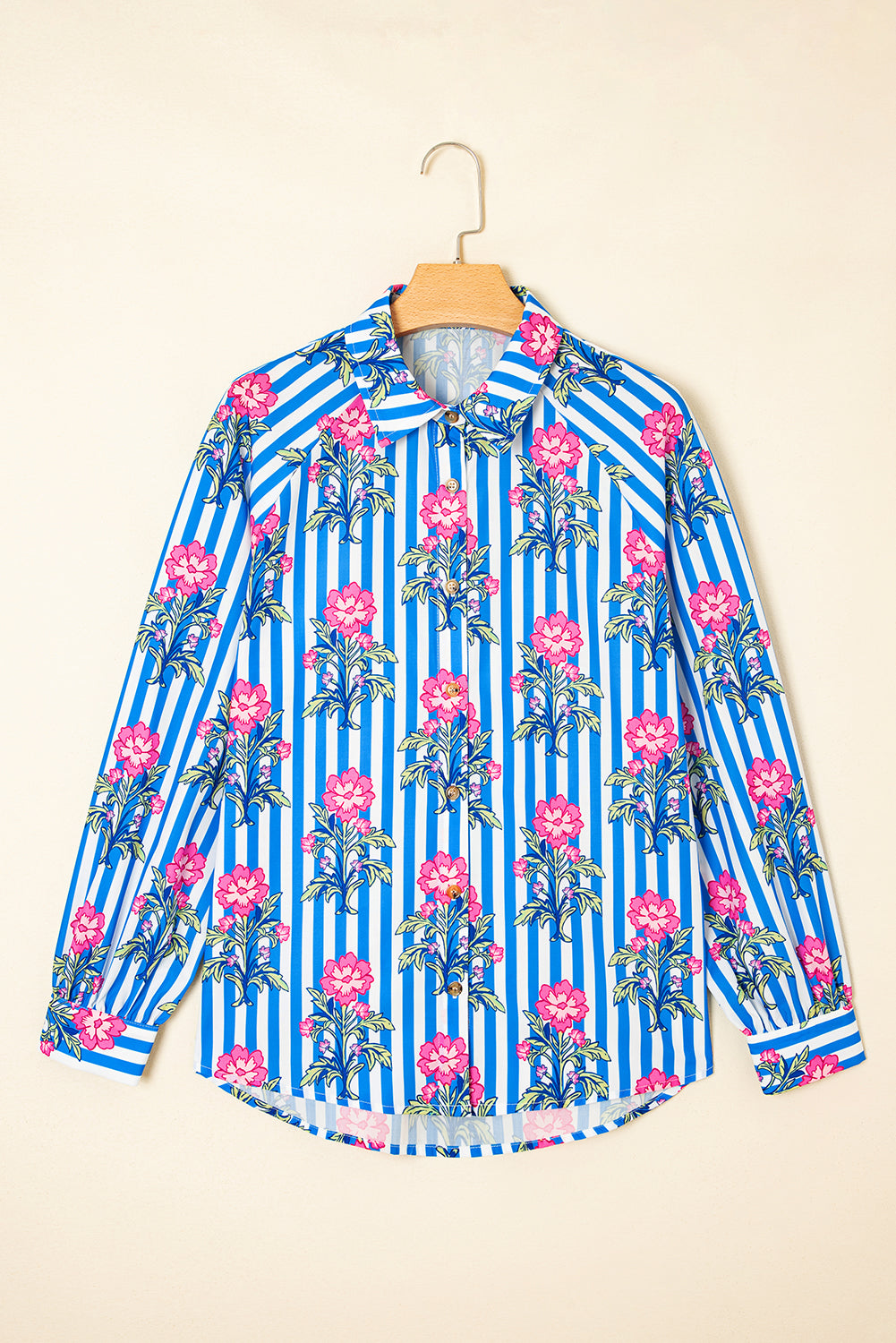 Blue Striped Floral Print Buttoned Cuffs Loose Fit Shirt
