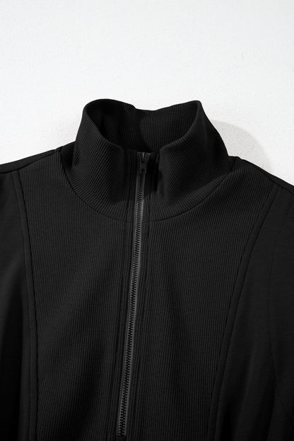 Black French Terry Zipped Collar Sleeveless Drawstring Waist Mini Dress