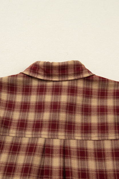 Red Plaid Print Ruffled Long Sleeve Patchwork Hem Mini Shirt Dress