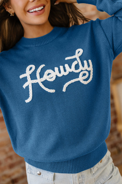 Dusk Blue Howdy Embroidered Graphic Western Sweater