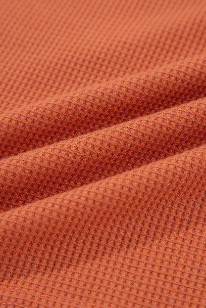 Cinnamon Waffle Printed Patchwork Drawstring Hooded Long Sleeve Top