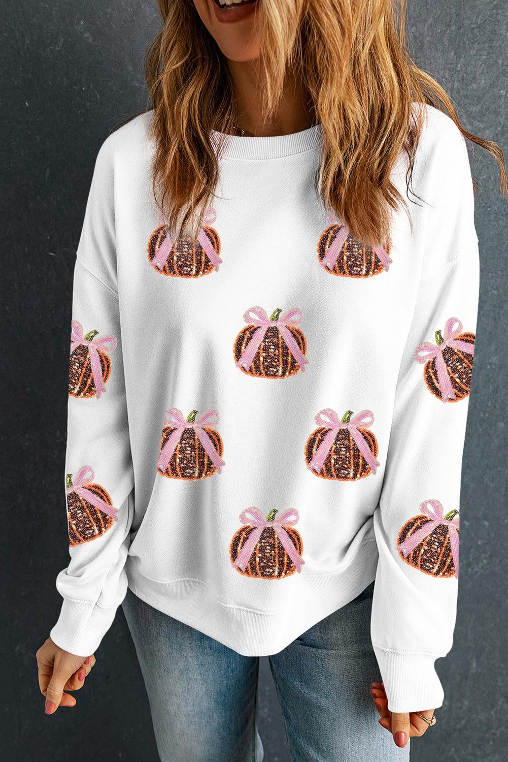 White Sequin Bow Pumpkin Patched Cotton Sweatshirt
