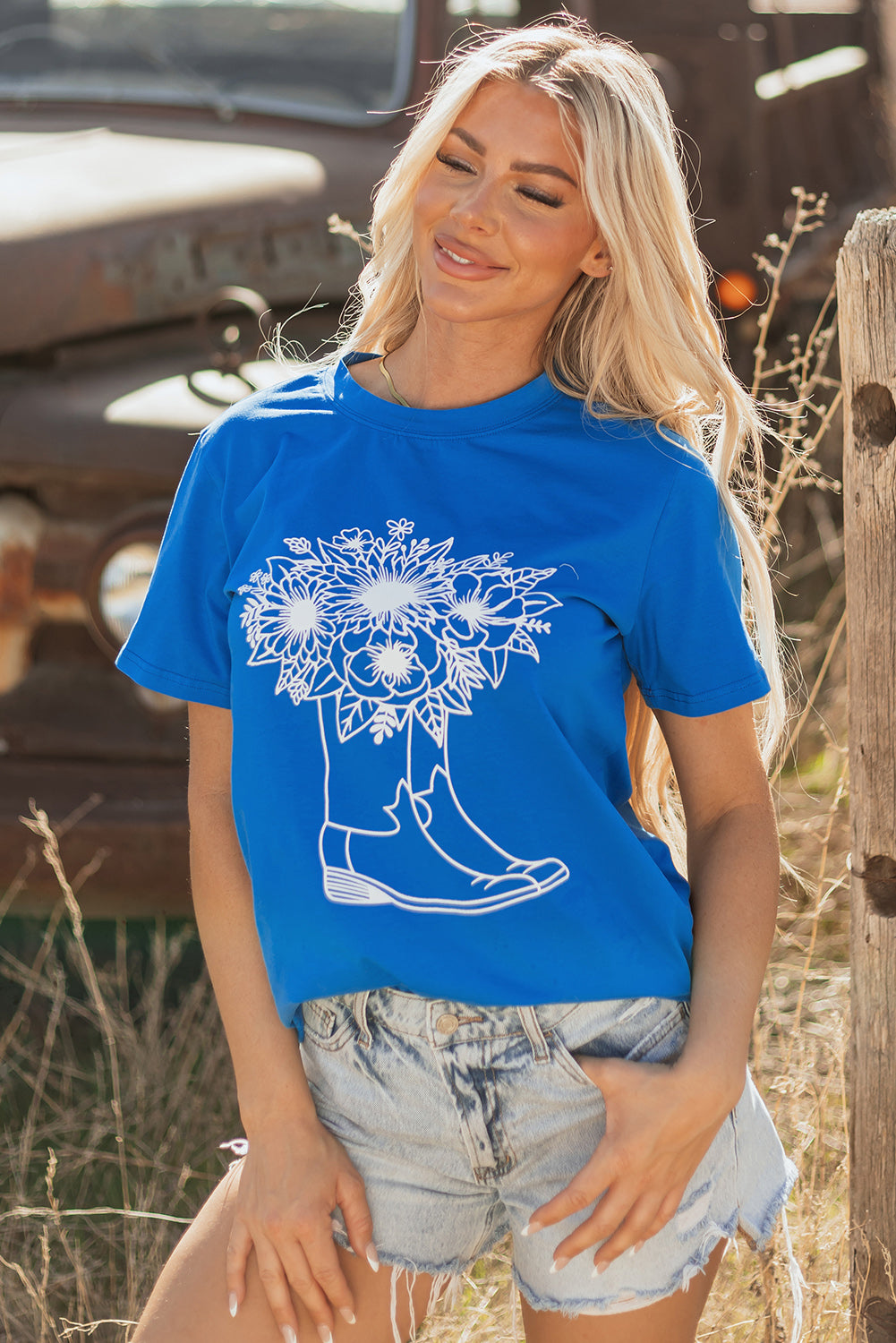 Blue Sunflower Boots Graphic Western Fashion T Shirt