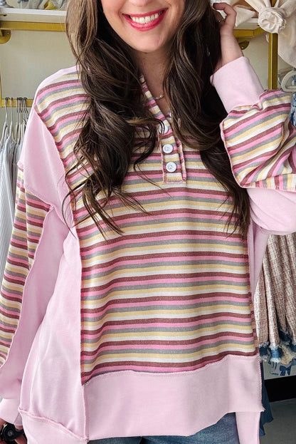 Pink Exposed Seam Color Block Striped Patchwork Loose Henley Sweatshirt