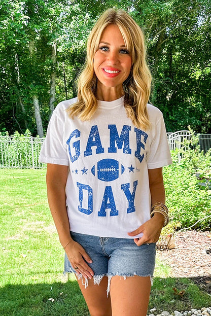 White GAME DAY Football Graphic Crewneck T Shirt