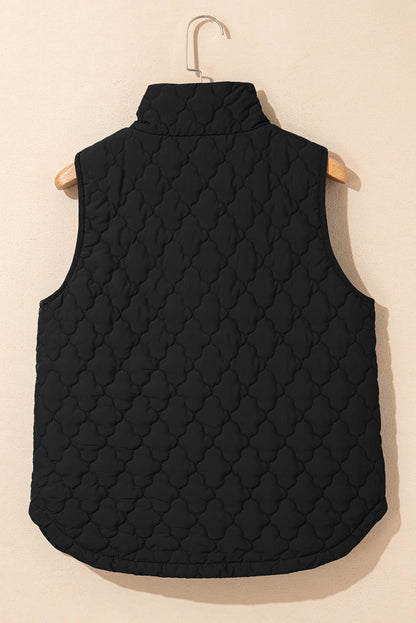 Black Flower Shape Quilted Snap Button Zip Up Winter Vest