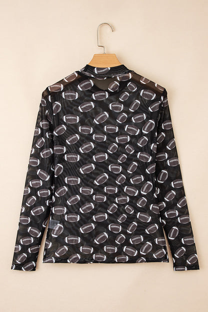 Black Game Day Rugby Mesh Sheer Long Sleeve Top