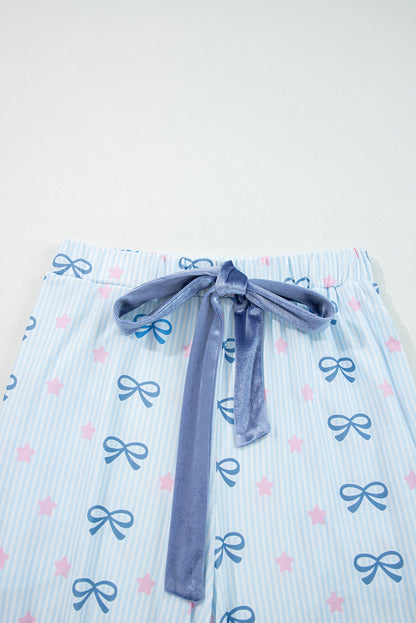 Sky Blue Stripe Bow Star Print Tied Detail 2pcs Lounge Set