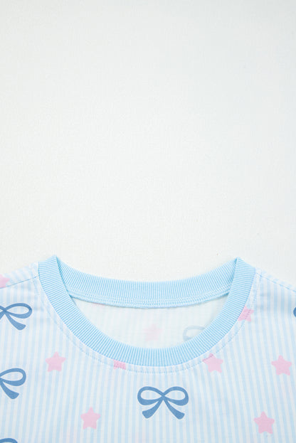 Sky Blue Stripe Bow Star Print Tied Detail 2pcs Lounge Set